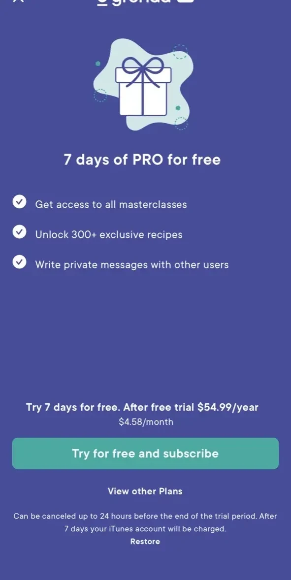 Gronda paywall screen