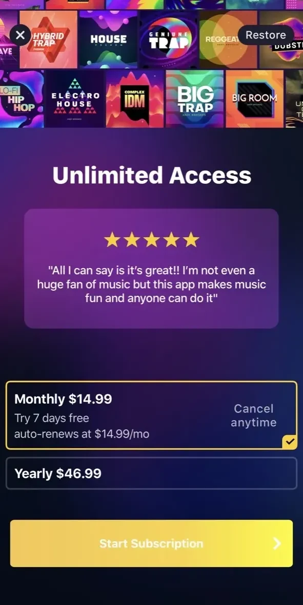 Groovepad paywall screen