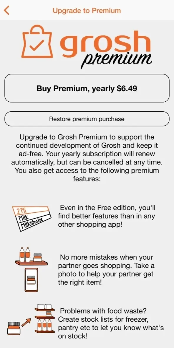 Grosh Intelligent Grocery List paywall screen