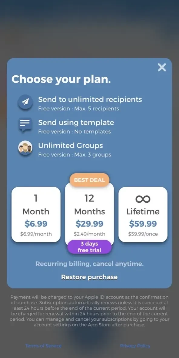 Group Text paywall screen