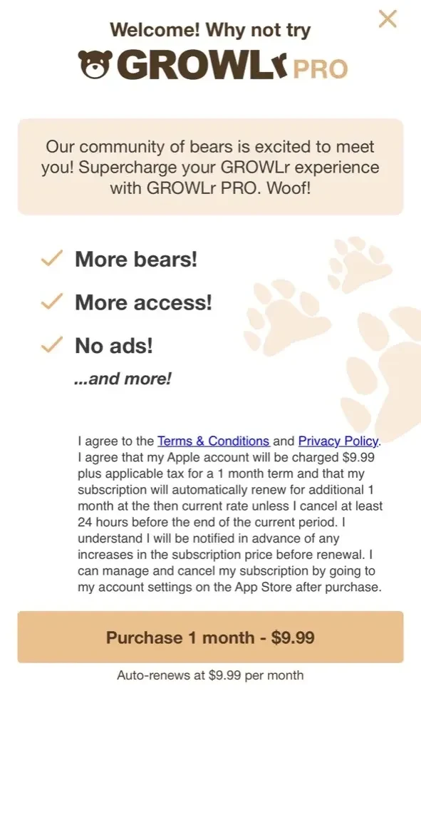 GROWLR paywall screen