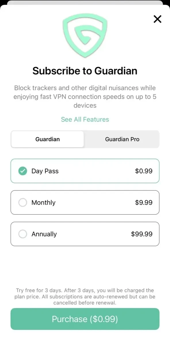Guardian Firewall paywall screen