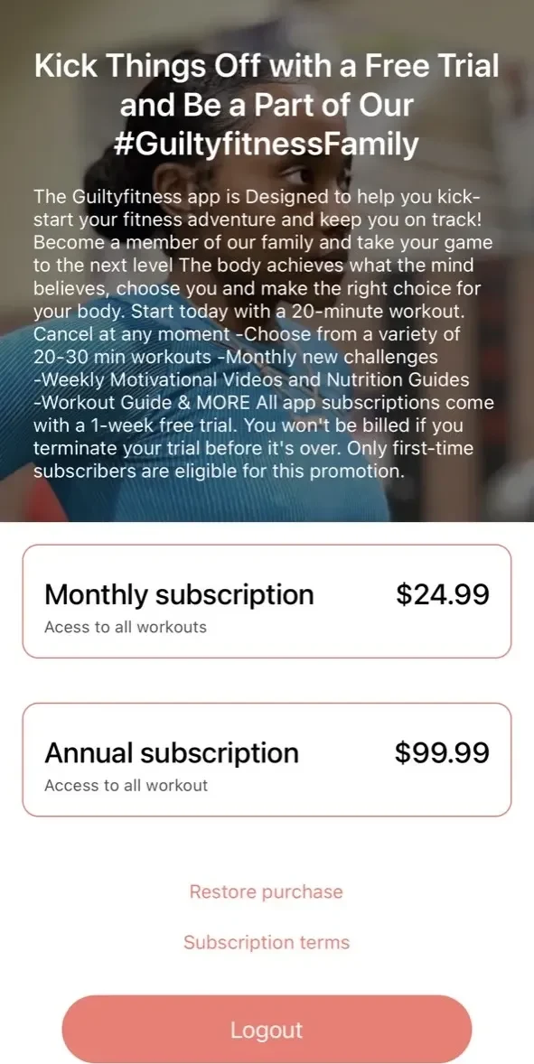 Guiltyfitness ON Demand paywall screen