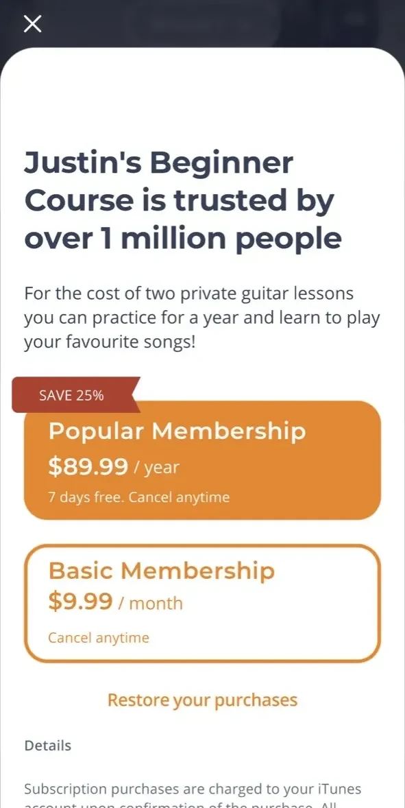 Justin Guitar Lessons paywall screen