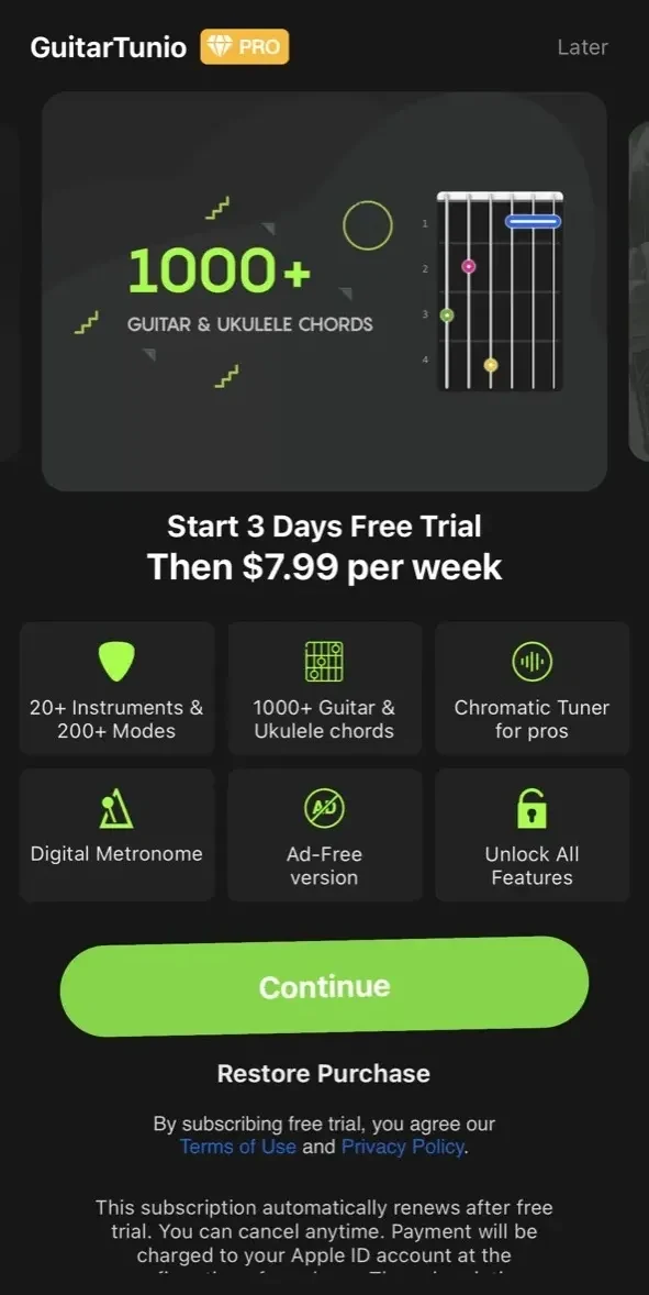 Guitar Tuner paywall screen