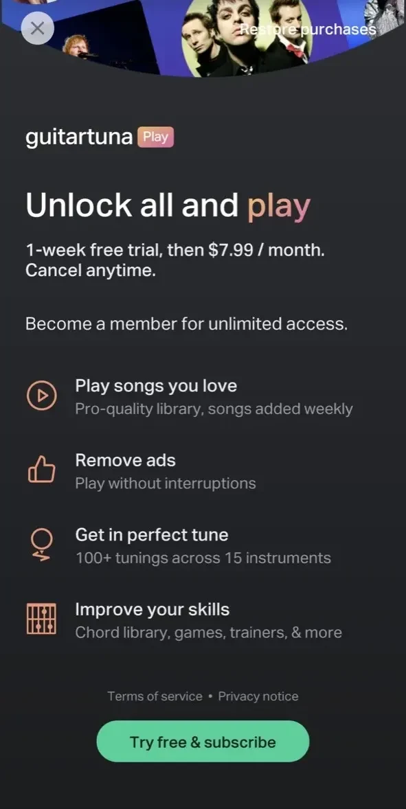 GuitarTuna paywall screen