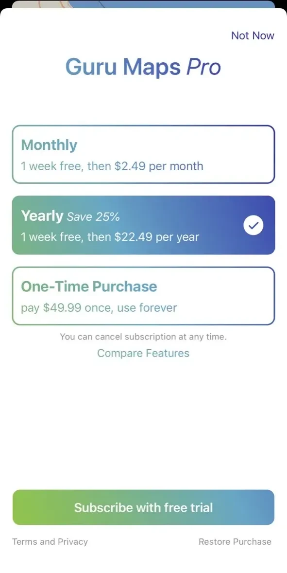 Guru Maps paywall screen