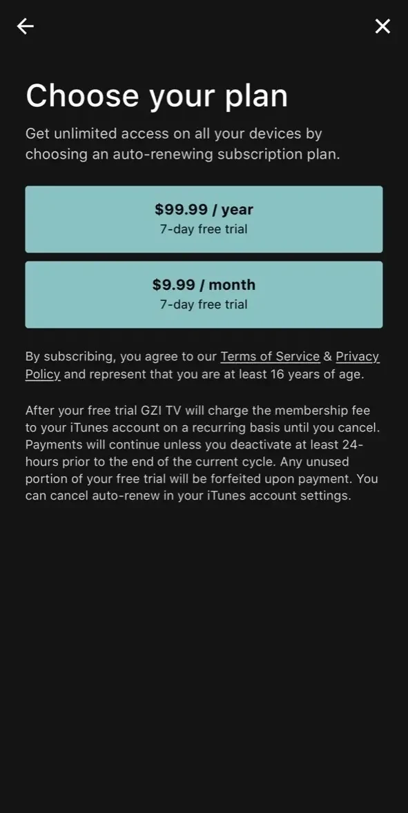 GZI TV paywall screen