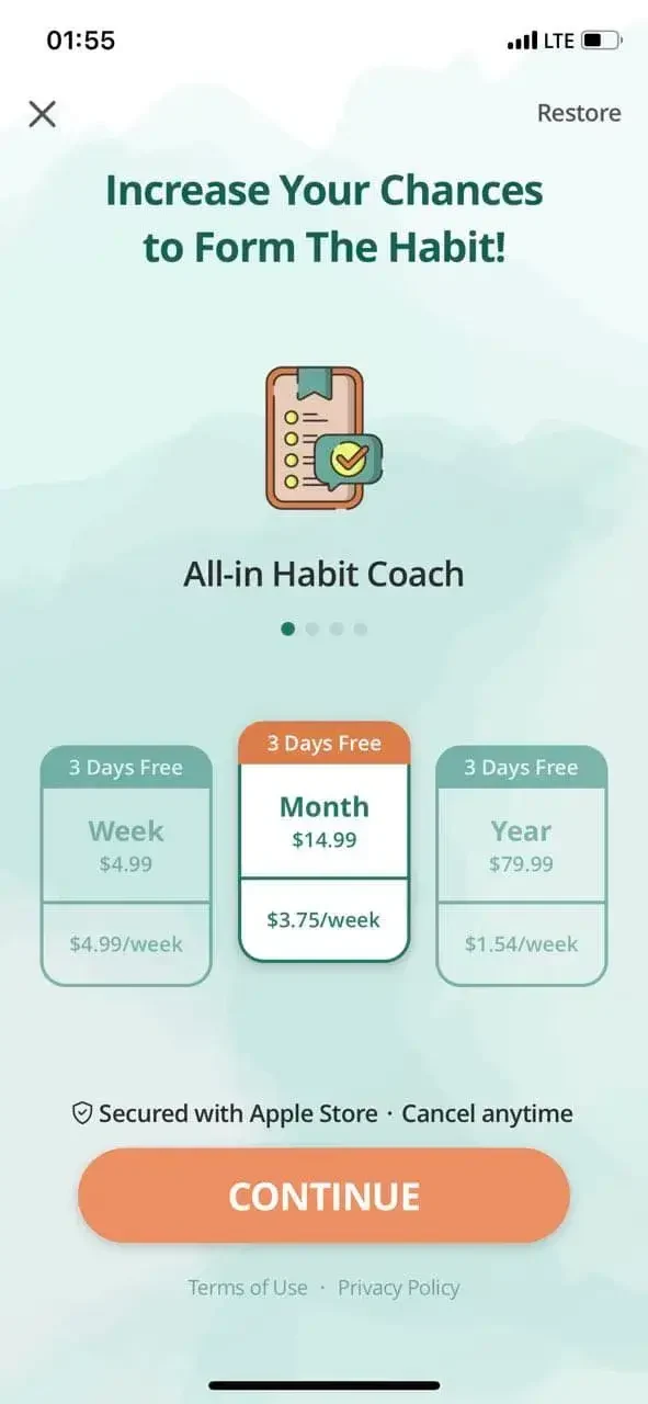 Habio paywall screen