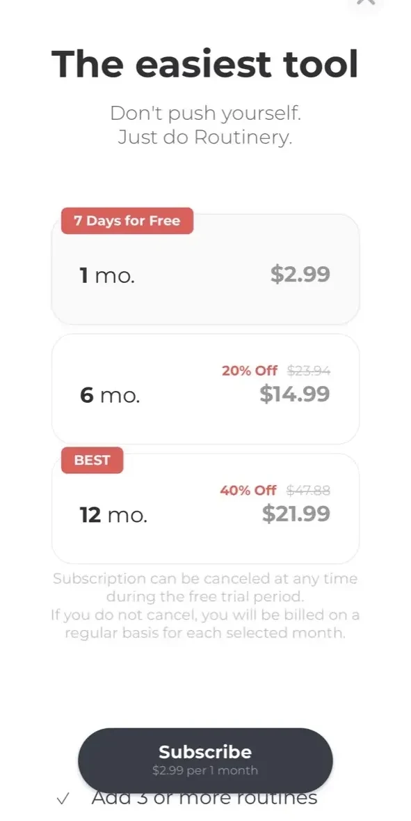 Routine Planner paywall screen