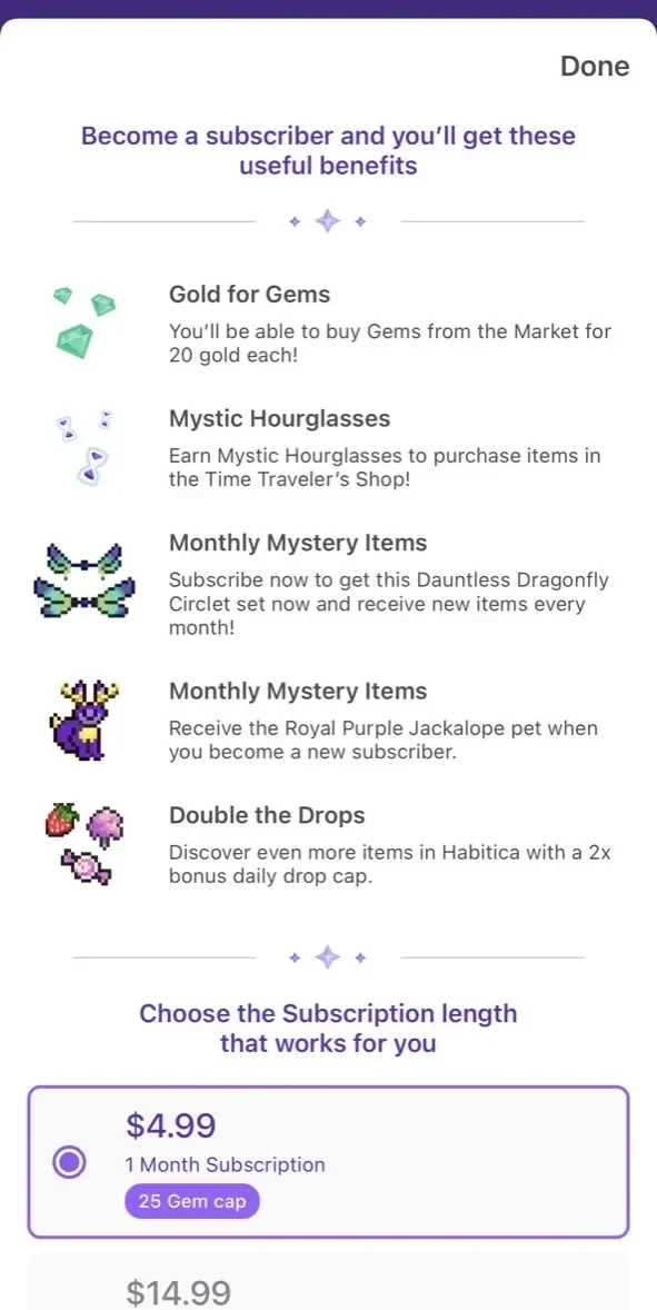 Habitica paywall screen