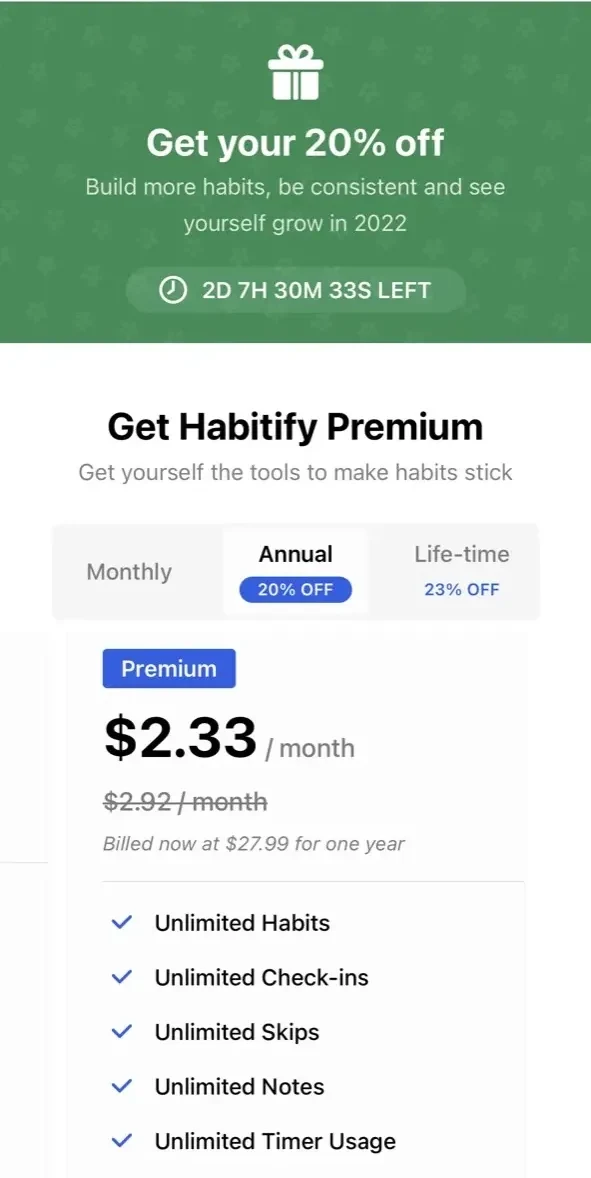 Habitify paywall screen
