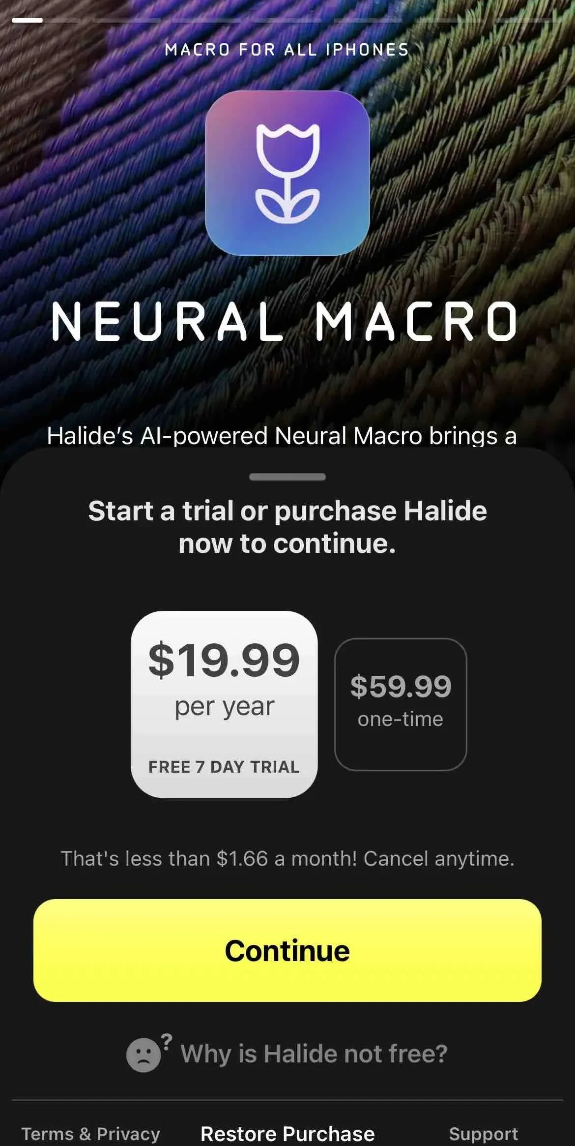 Halide Mark II paywall screen