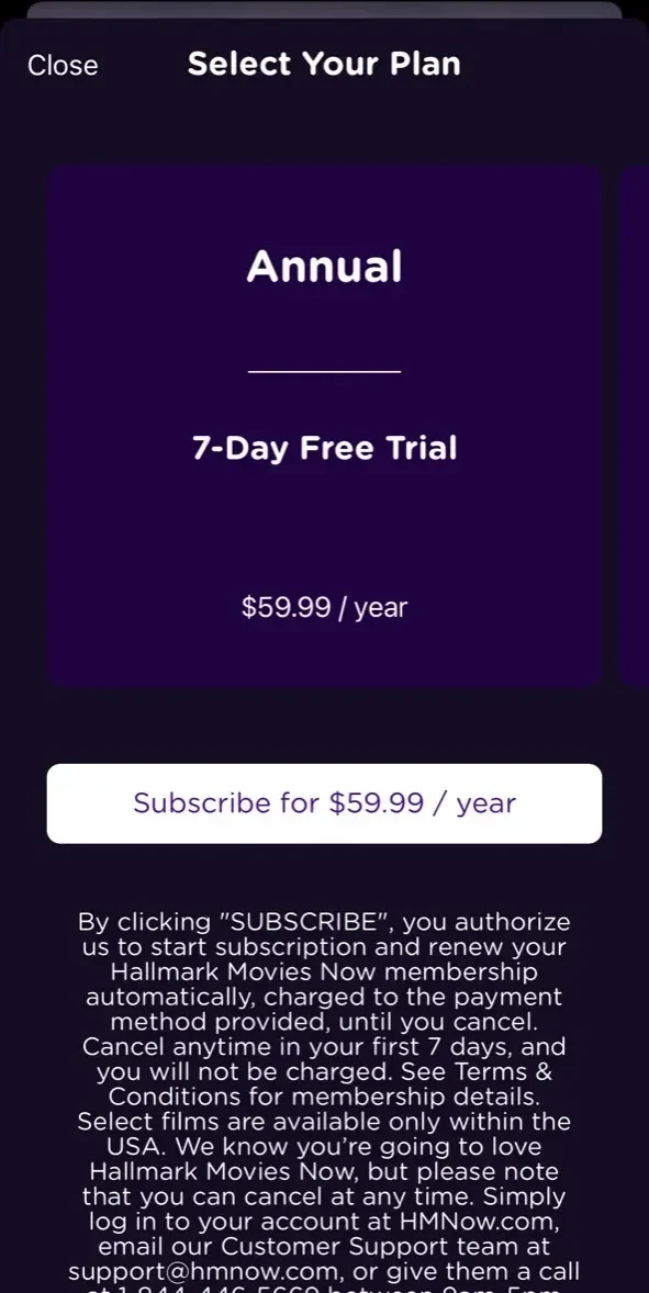 Hallmark+ paywall screen