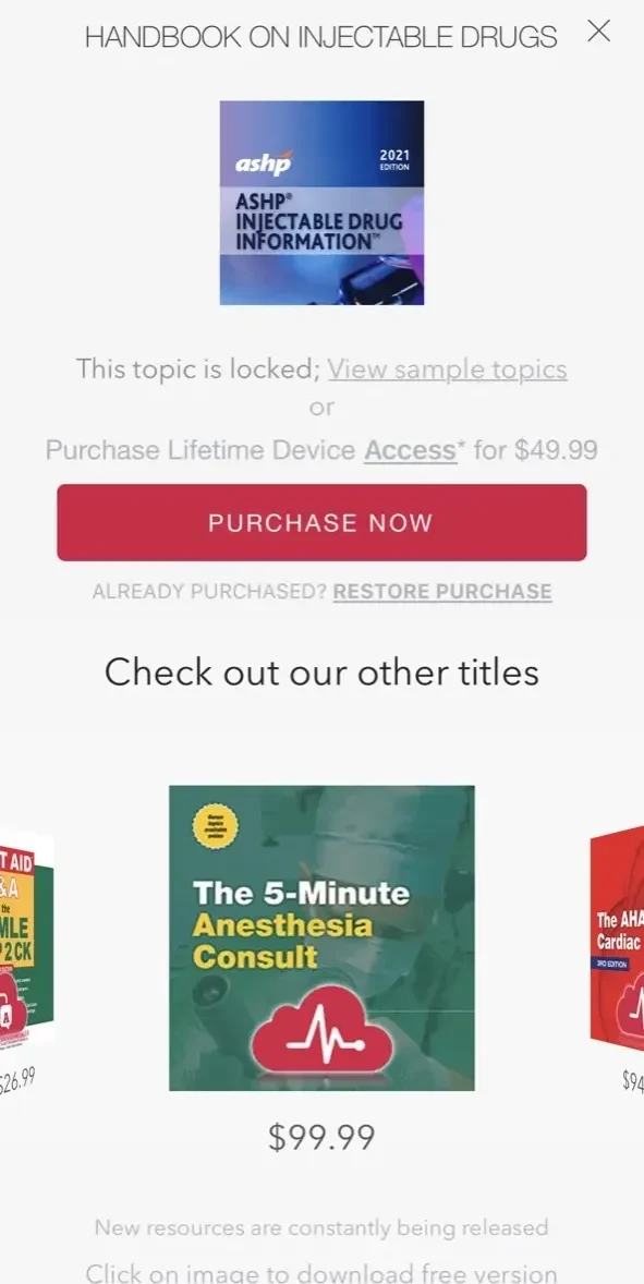 Handbook on Injectable Drugs paywall screen