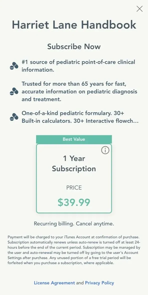 Harriet Lane Handbook App paywall screen