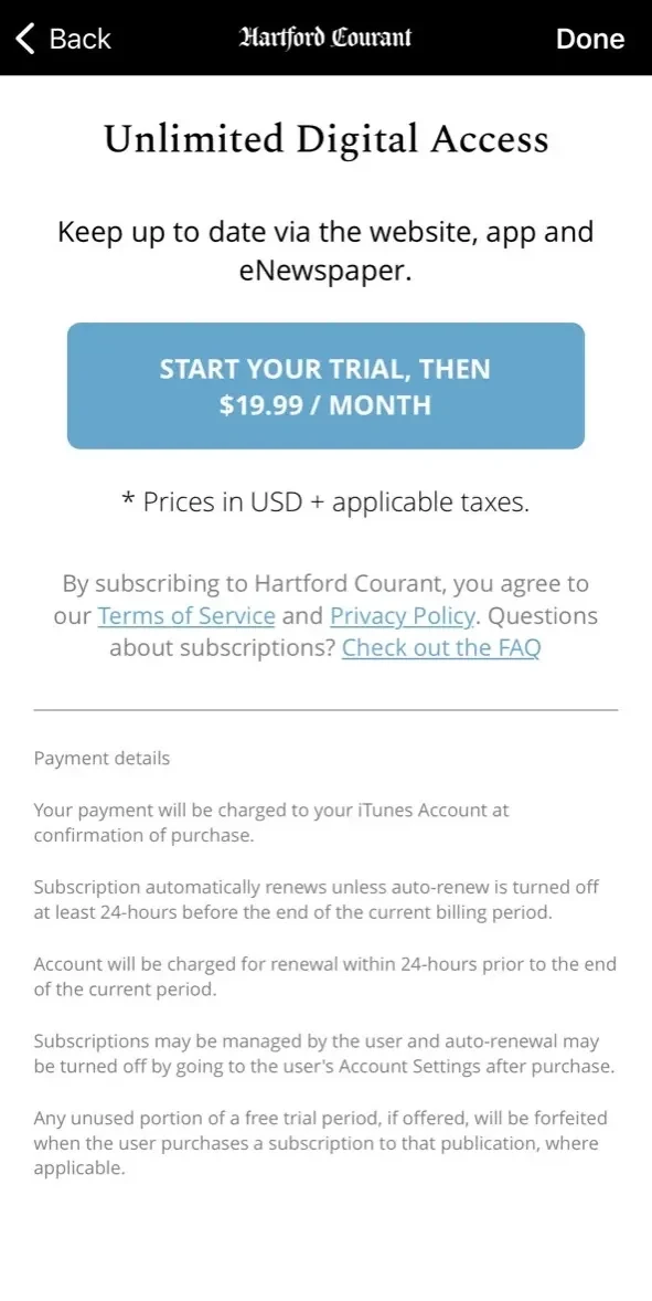 Hartford Courant paywall screen