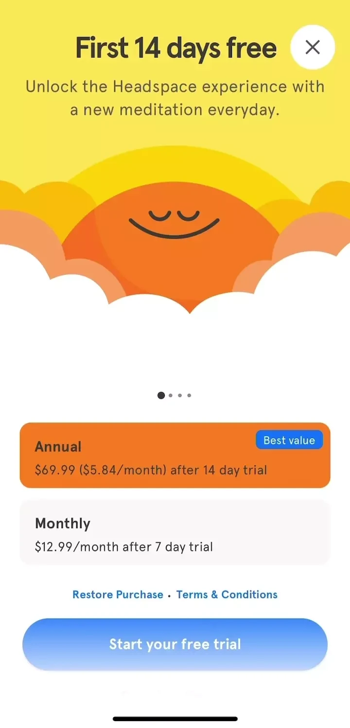 Headspace paywall screen