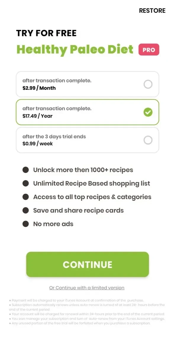 Healthy Paleo Diet Recipe paywall screen