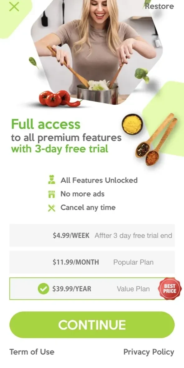 Healthy Recipes paywall screen