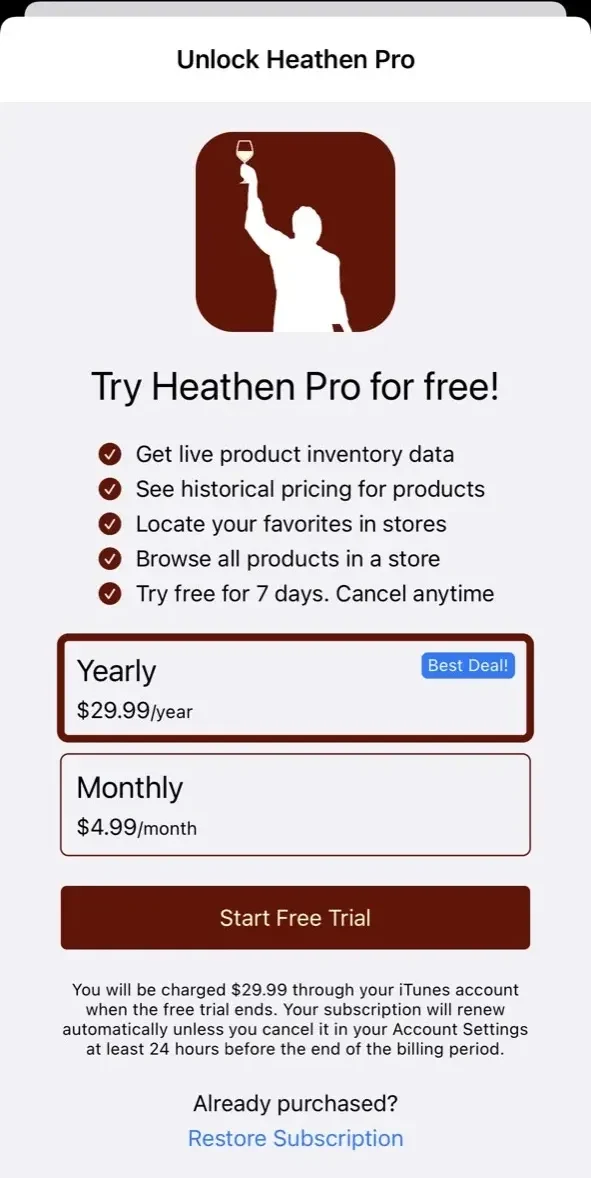 Heathen paywall screen