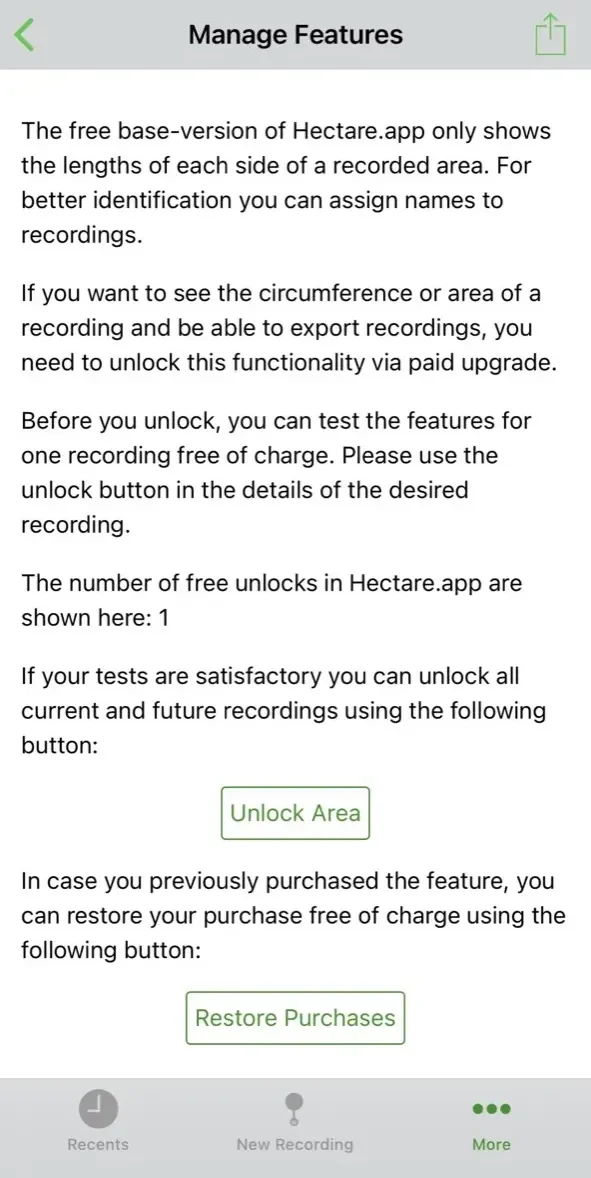 Hectare field area measure GPS paywall screen