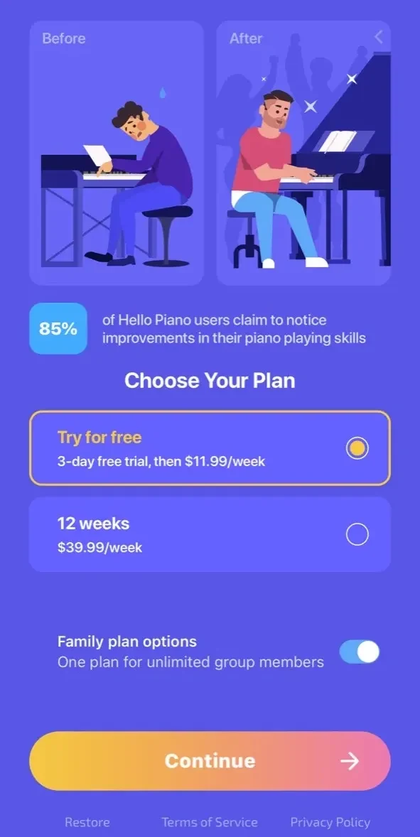 Hello Piano paywall screen