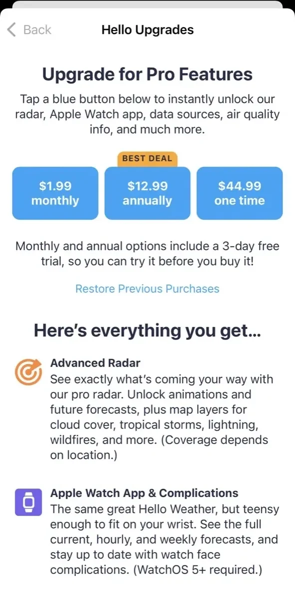Hello Weather paywall screen