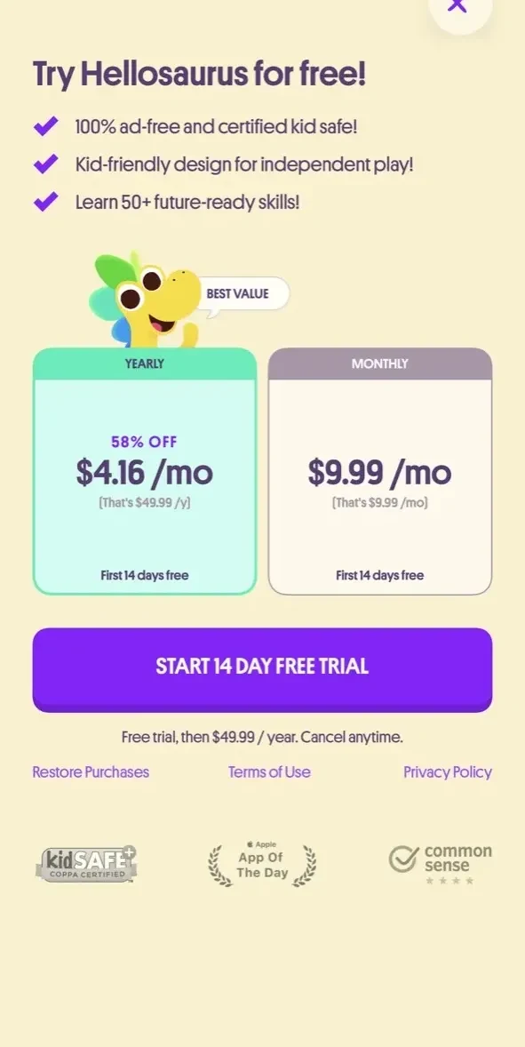 Hellosaurus paywall screen