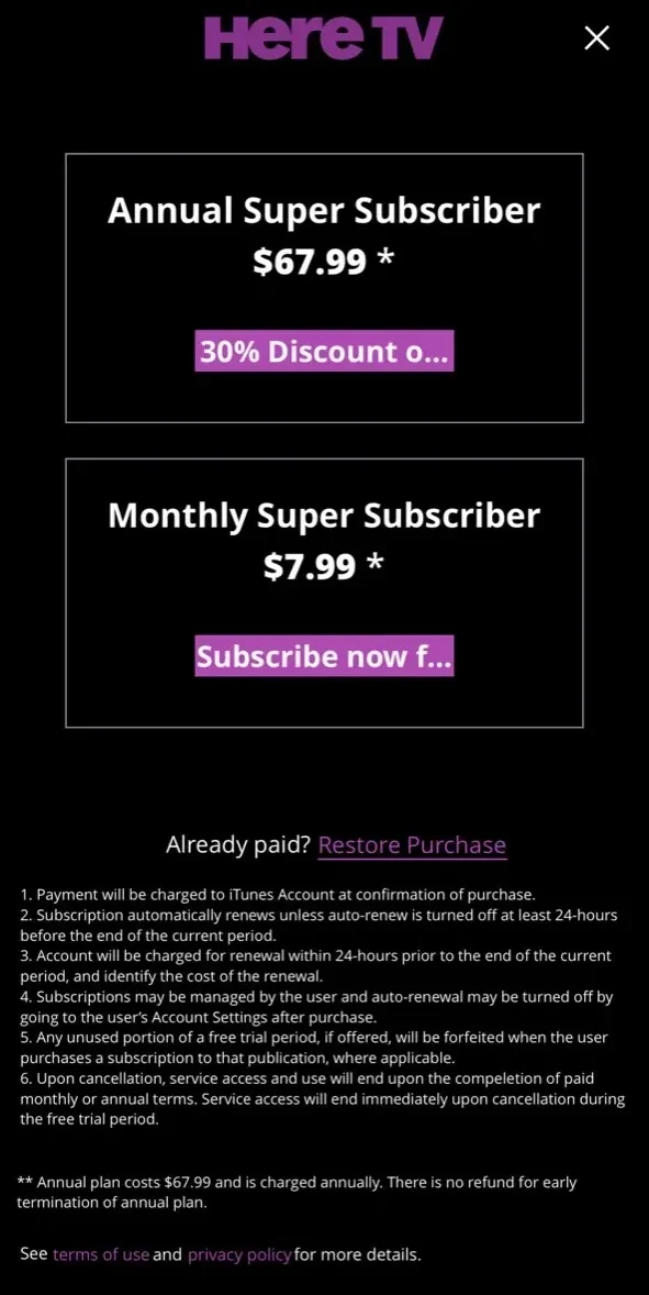 Here TV paywall screen