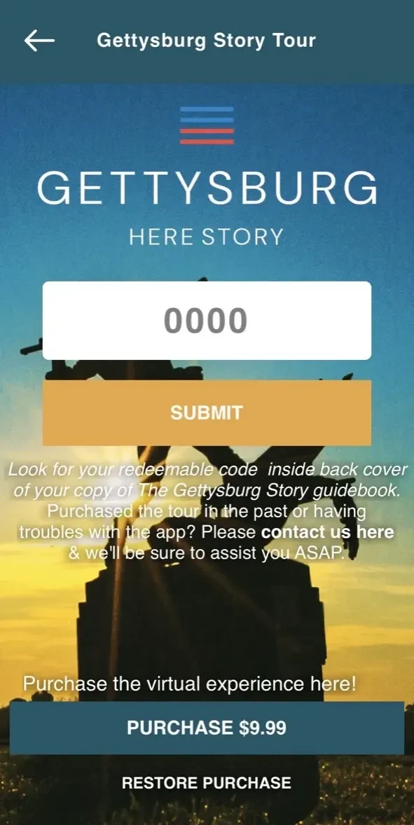 HereStory Gettysburg Auto Tour paywall screen