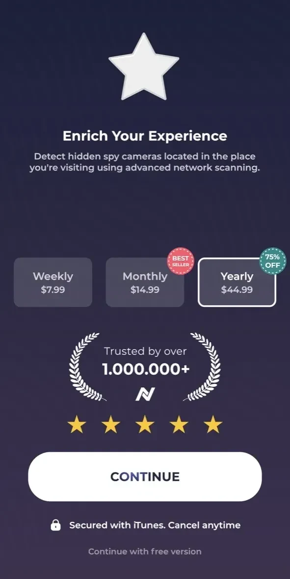 Hidden Camera Detector paywall screen