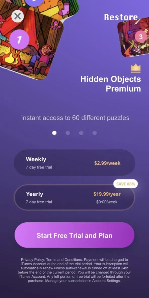 Hidden Objects paywall screen
