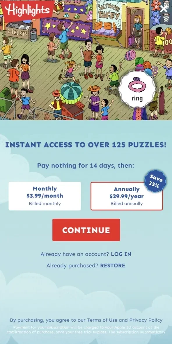 Hidden Pictures Puzzle Play paywall screen
