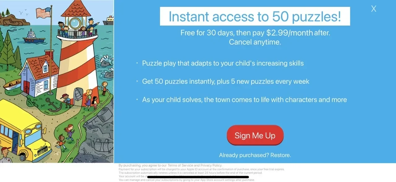 Hidden Pictures Puzzle Town paywall screen