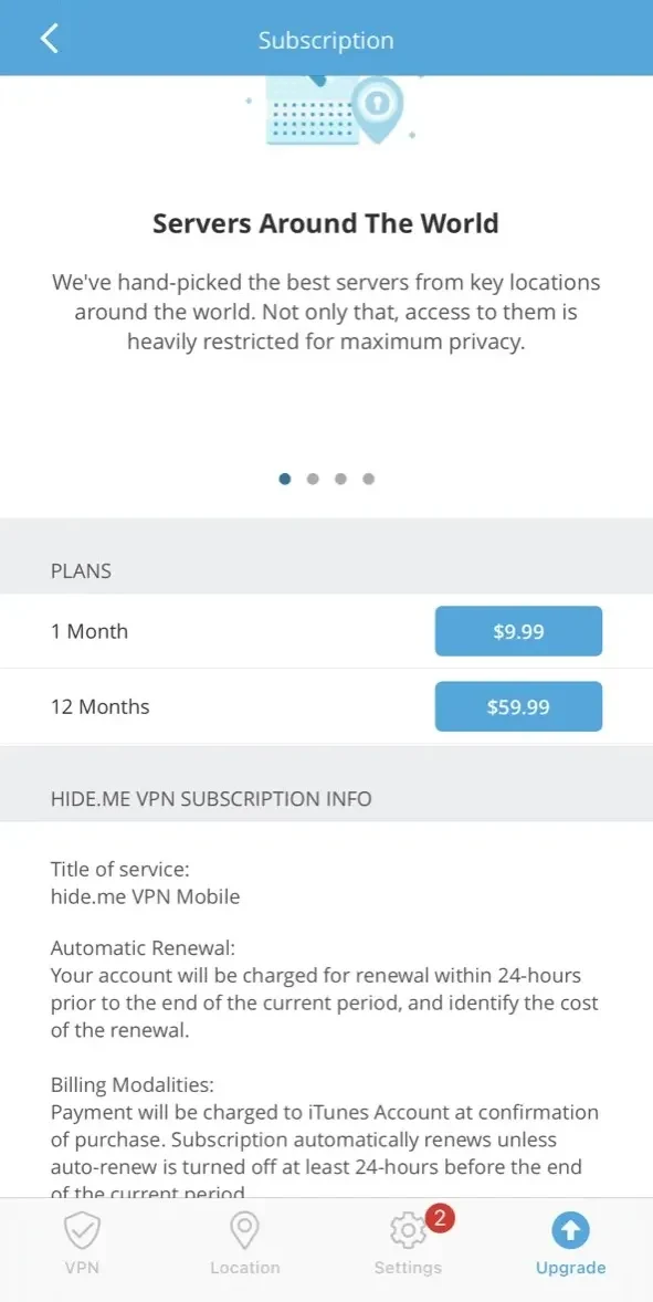 hide.me VPN paywall screen