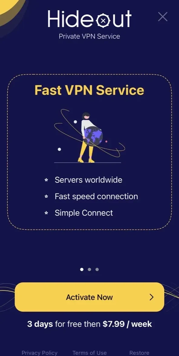 Hideout VPN Adblock Fast Proxy paywall screen