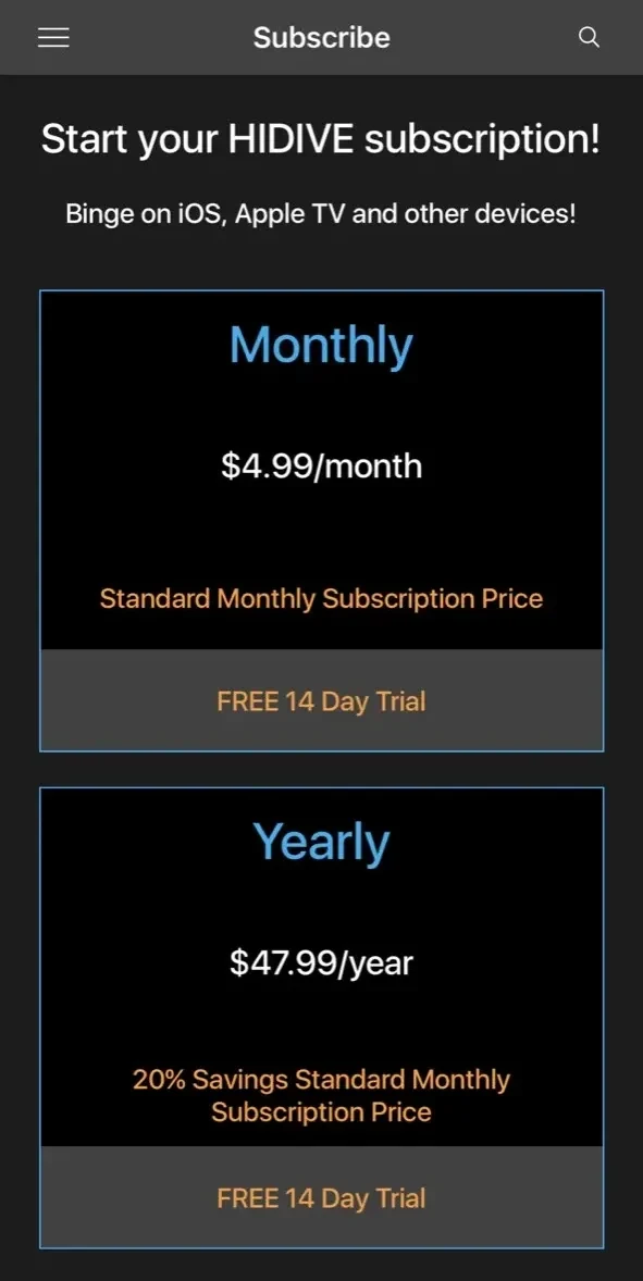 HIDIVE paywall screen