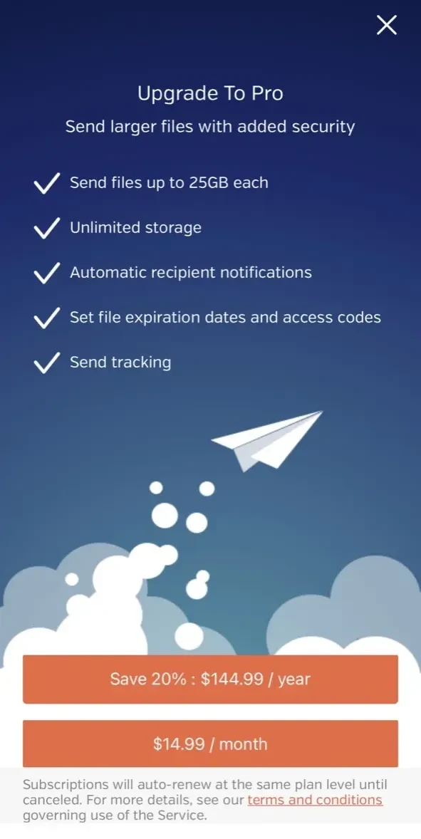 Hightail paywall screen