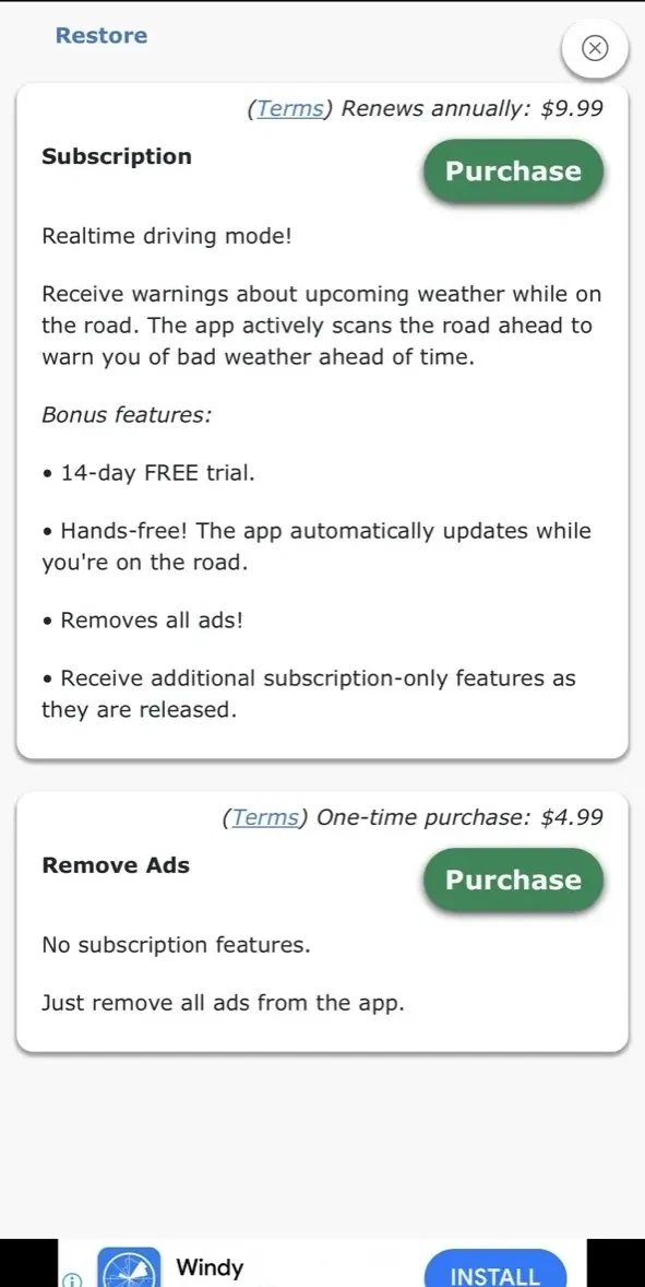Highway Weather paywall screen