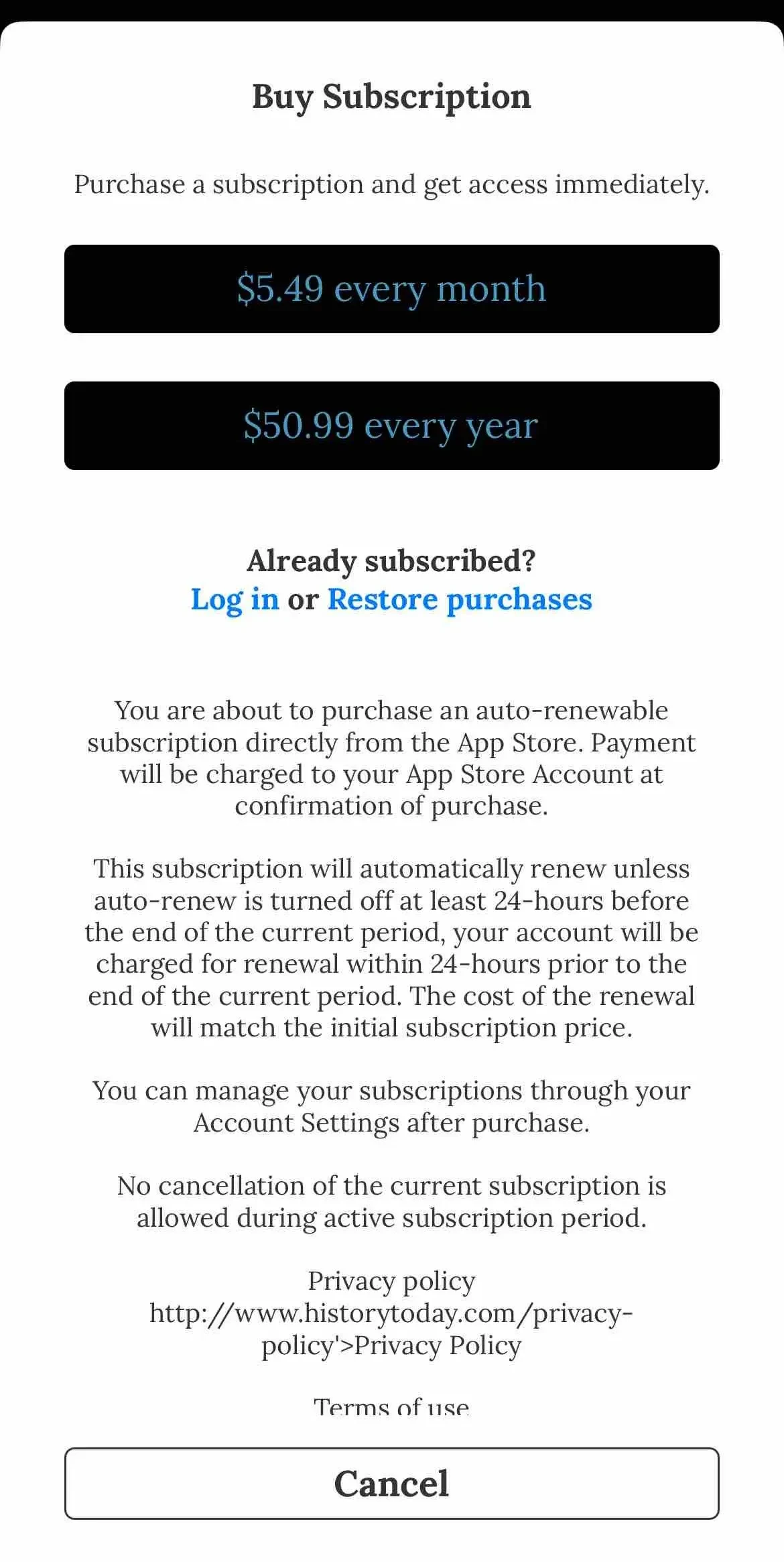 History Today Magazine paywall screen