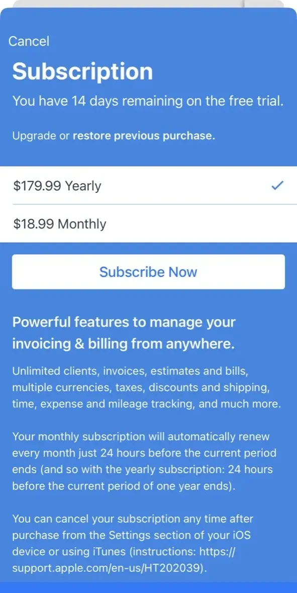 Hiveage Invoicing paywall screen