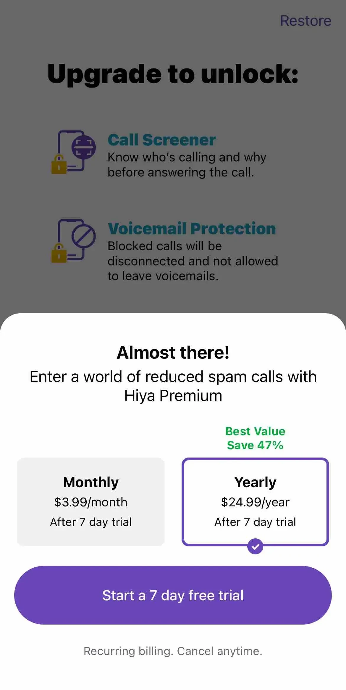 Hiya paywall screen