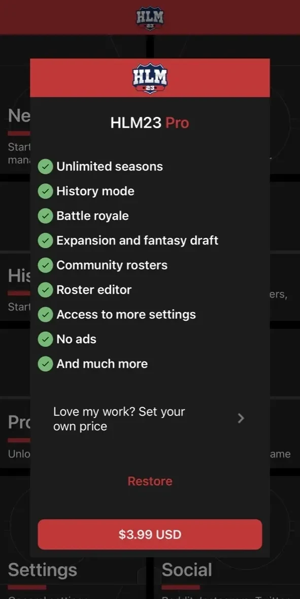 Hockey Legacy Manager 23 paywall screen