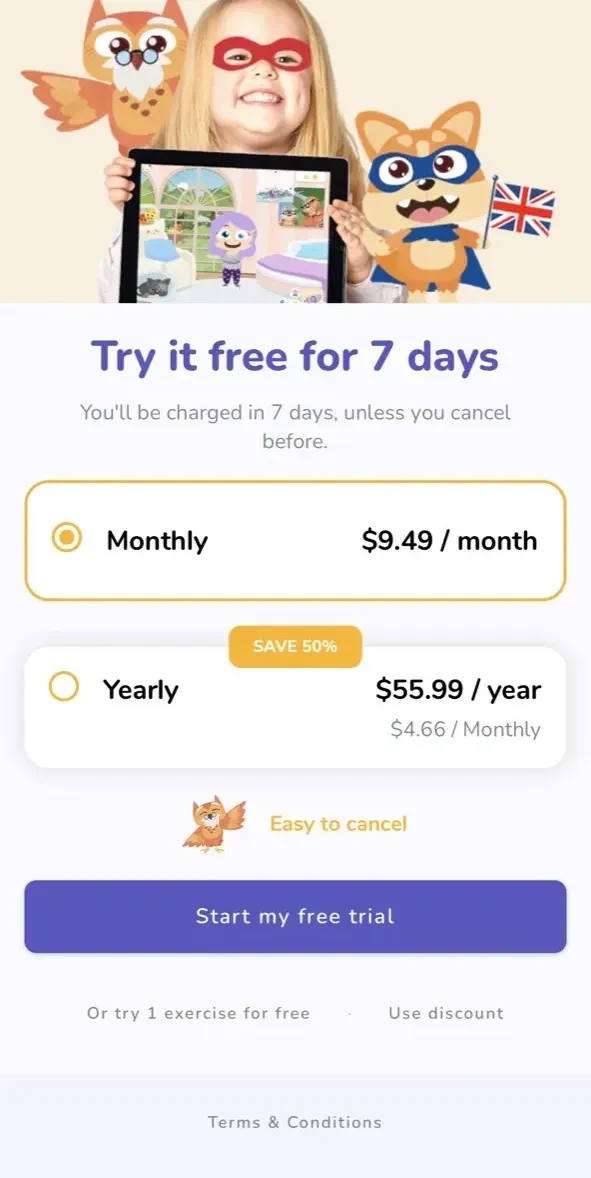 Holy Owly English paywall screen