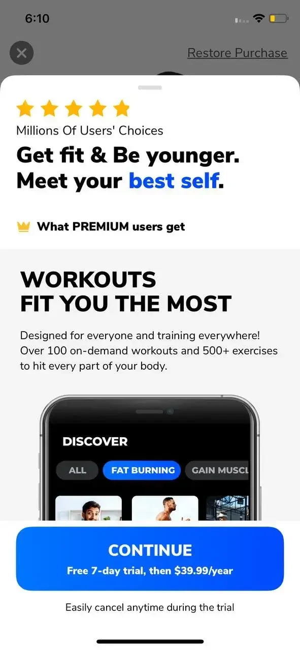 Home Workout paywall screen