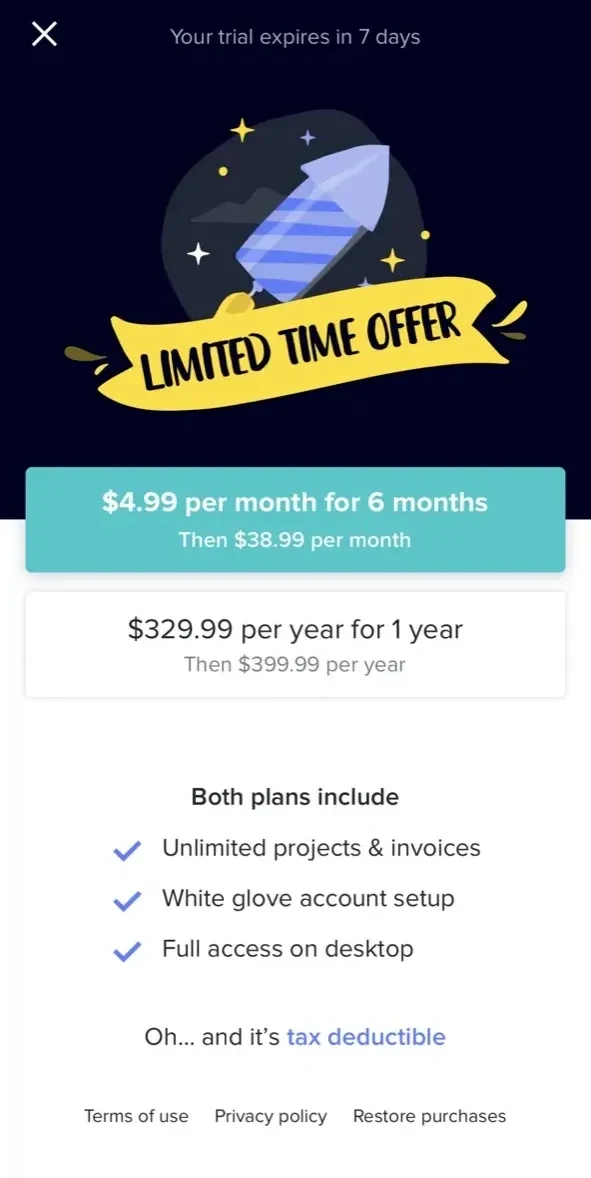 HoneyBook paywall screen