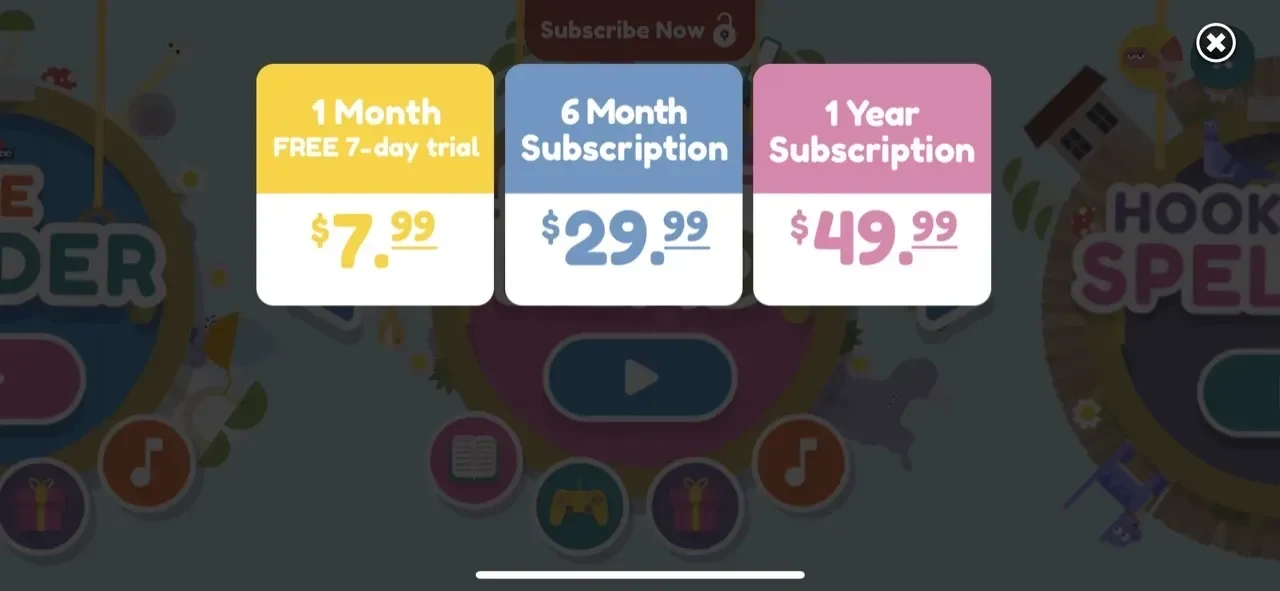 Hooked on Phonics Learning paywall screen