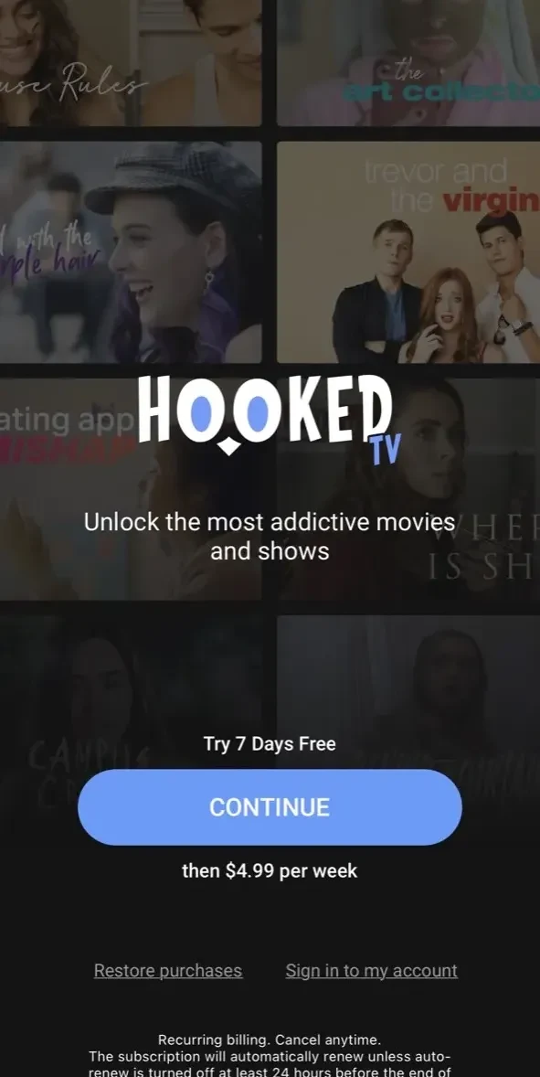 Hooked TV paywall screen