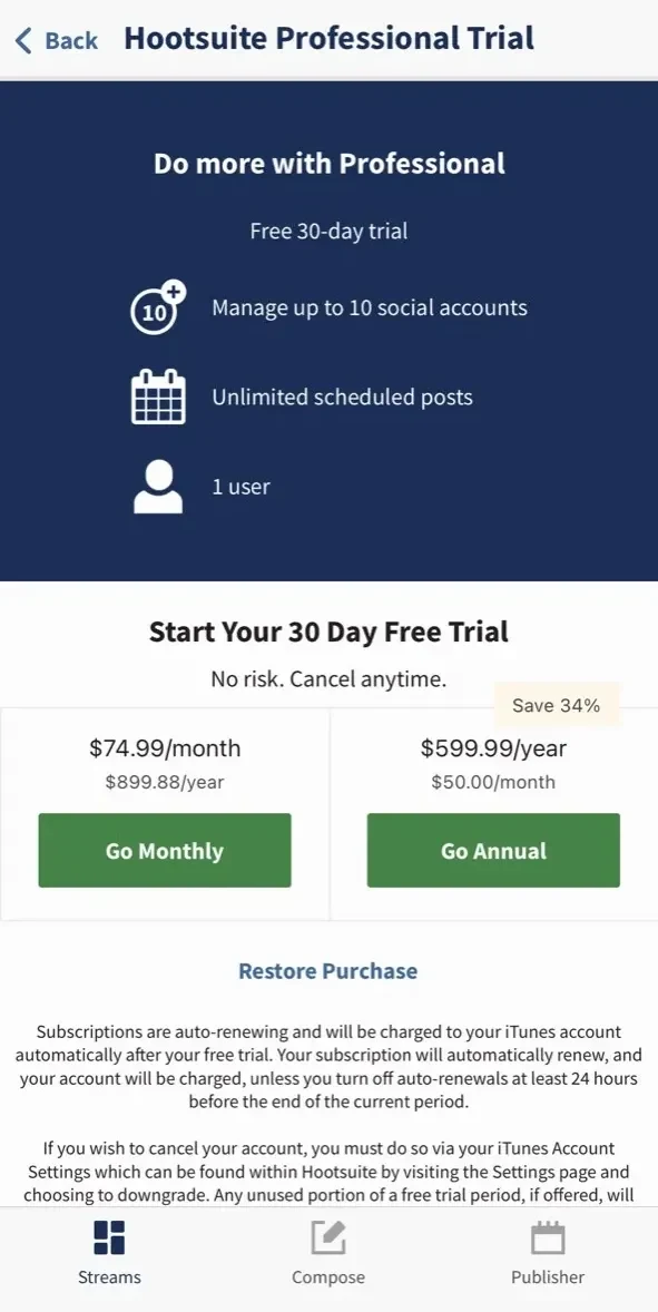 Hootsuite paywall screen